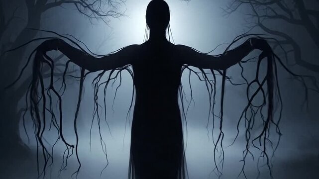 Tall dark silhouette with long fingers in misty forest