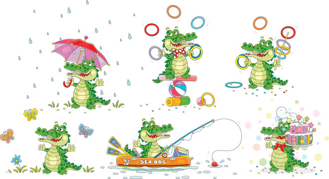 Funny green crocodile, a set of vector cartoon illustrations on a white background