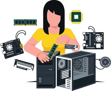 Computer technician assembles internal hardware components into a.