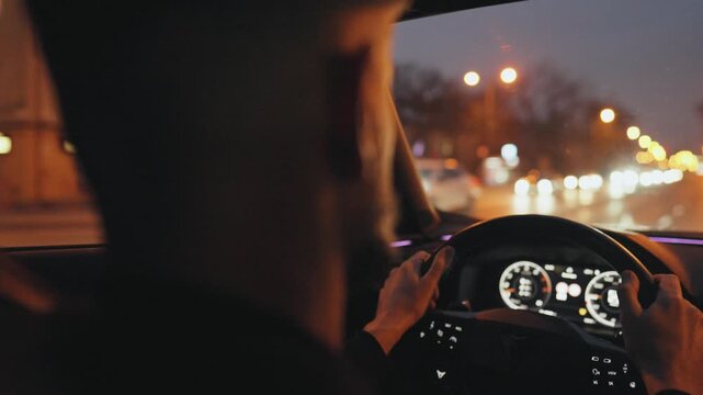 Backseat view on man driving car through the streets of the evening city.