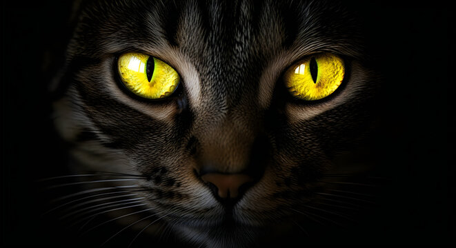 Intense feline gaze a close up of glowing yellow cat eyes in darkness
