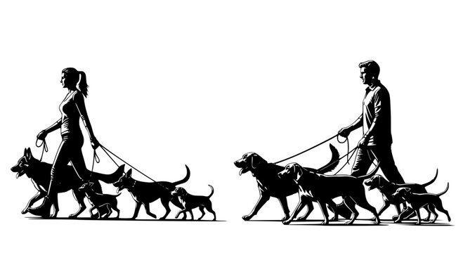 Male and female dog walkers, sitters walking with group of pets silhouettes. Transparent SVG.