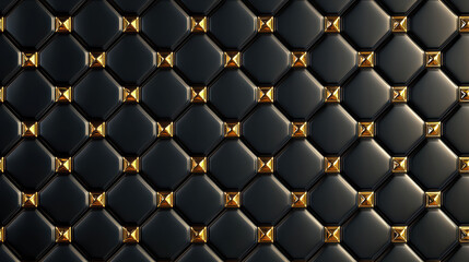 Naklejka premium Elegant black leather upholstery with golden pyramid studs creates a luxurious quilted diamond pattern, perfect for backgrounds or designs with a sophisticated feel.