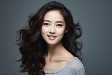 Naklejka premium Young asian woman posing with a confident smile and healthy, dark, wavy hair against a gray background
