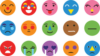 Fototapeta premium Vibrant Geometric Emoji Icon Set with Diverse Facial Expressions for Customer Feedback Social Media Communication Mental Health Psychology and Modern Digital App Interface Designs