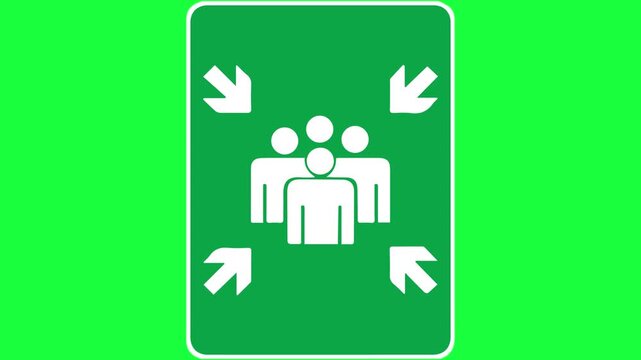 Emergency assembly point sign animation with white icons and arrows on green background. Safety evacuation point instructions.