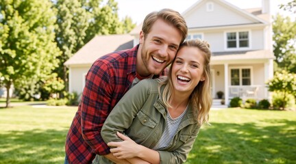 Fototapeta premium Happy young couple hugging in front of their new house. Smiling man and woman standing on the lawn. Real estate and homeownership concept