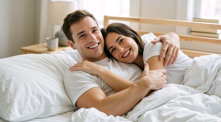 Fototapeta premium Happy young couple relaxing in bed. Smiling man and woman hugging in the morning. Cozy domestic lifestyle and romance concept