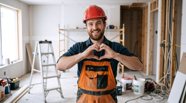 Smiling male construction worker making heart shape with hands. Happy builder in red hard hat and orange overalls in unfinished room. Home renovation and remodeling concept