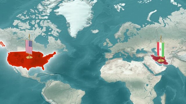World Map Highlighting Geopolitical Tension Between United States And Iran Territory