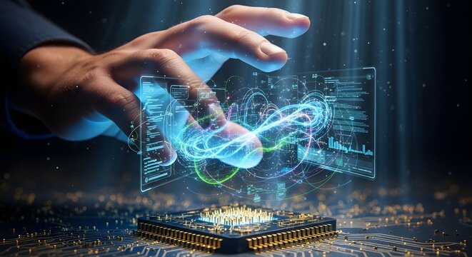 hand touching futuristic glowing circuit board with blue neon lights