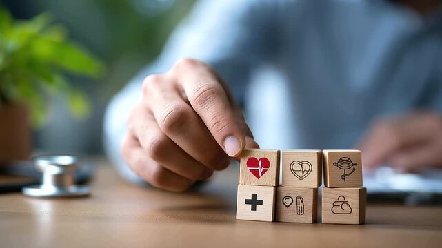 Faceless hand stacking wooden blocks showing medical symbols, defocused icons representing heart health pregnancy diabetes, building blocks for health protection, with copy space