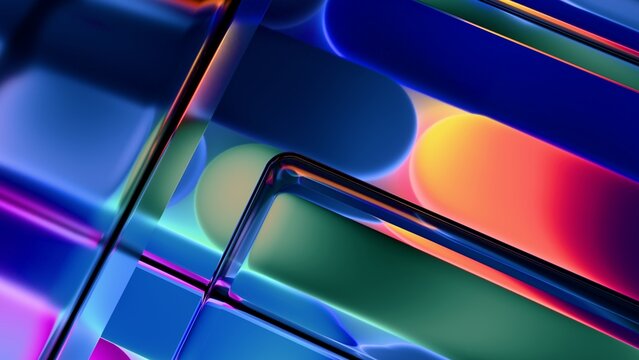 Colorful gradient shapes moving diagonally behind a grid of glossy transparent glass tiles