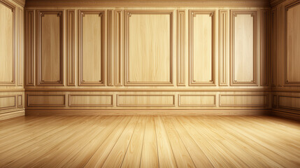 Naklejka premium A bright empty room showcases elegant wood paneling and a polished wooden floor, reflecting light to create a warm, inviting ambiance in a classic interior space.