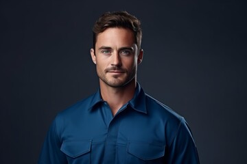Fototapeta premium Male worker in blue uniform shirt posing against a dark background