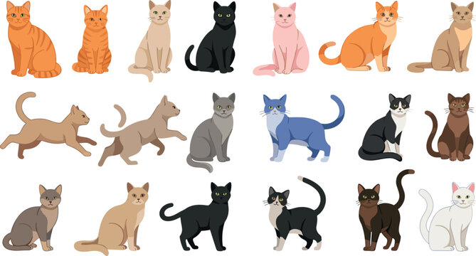 Cartoon Cat Icon Set with Different Breeds, Poses, and Color Variations for Pet Lovers, Animal Illustrations, and Digital Media Designs