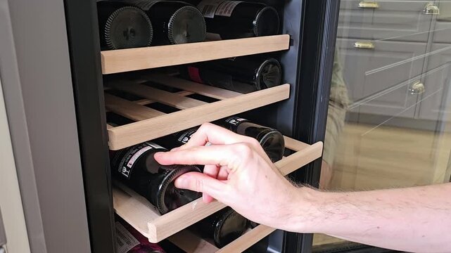 Close up of hand choosing wine bottle from wooden rack inside temperature controlled wine fridge, organized storage of glass bottles in modern kitchen appliance with transparent door