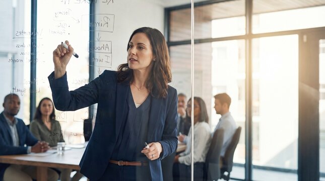 confident caucasian businesswoman writing on glass board during presentation in modern office. leadership, brainstorming, strategy planning concept. teamwork, workshop, corporate business. copyspace.