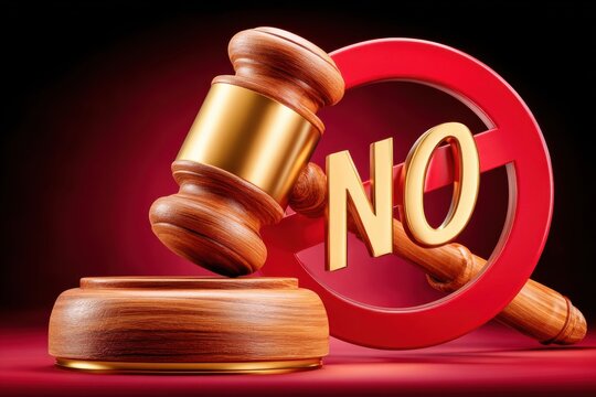Gavel next to a red crossed-out NO symbol representing legal rejection, ban and denied judgment