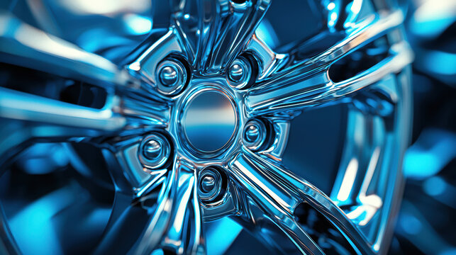 Polished chrome car rim with intricate five spoke design reflects vibrant turquoise lighting creating a captivating pattern of light and shadow across its surface.