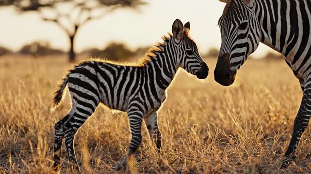 Newborn Zebra Foal Takes First Steps Beside Mother