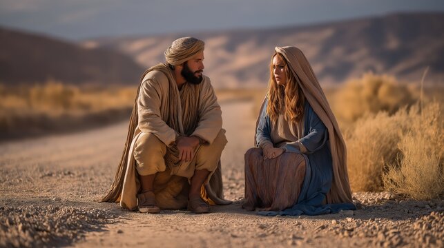 Judah encountering Tamar by the roadside, a quiet moment of tension and unfolding destiny in the desert.