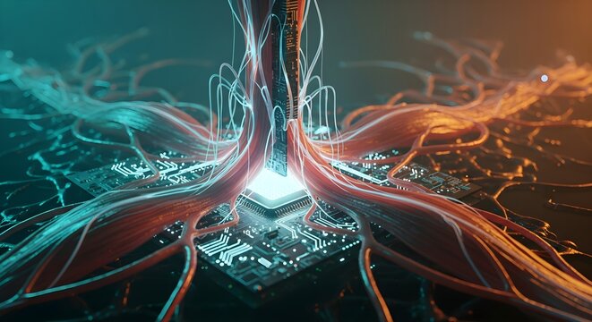 Futuristic neural network connections glowing blue and orange