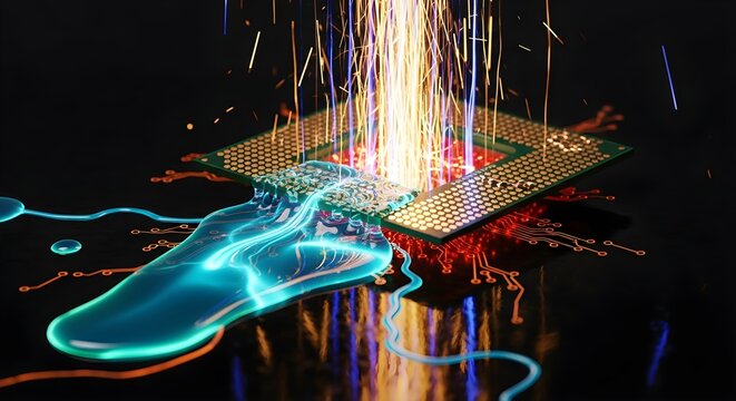 Glowing neon circuit board with vibrant colorful sparks and wires