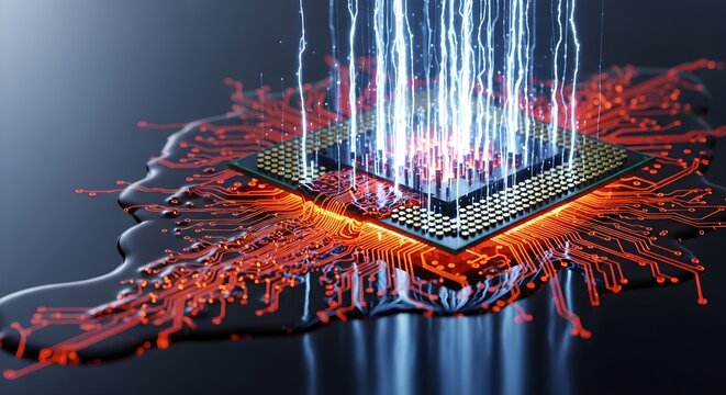 3D render of a microchip with glowing blue circuits and red neural network connections