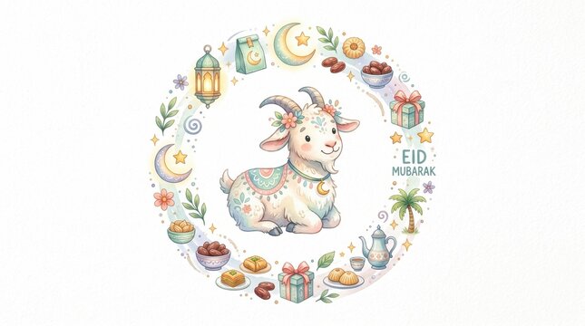 Adorable goat sits surrounded by festive Eid Al Adha elements, including sweets, dates, gifts