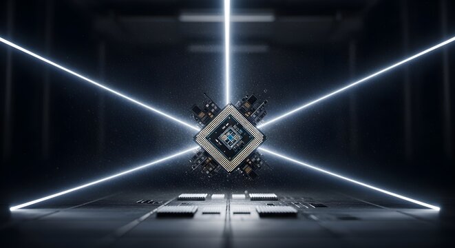 Futuristic microchip with glowing blue lines on dark background