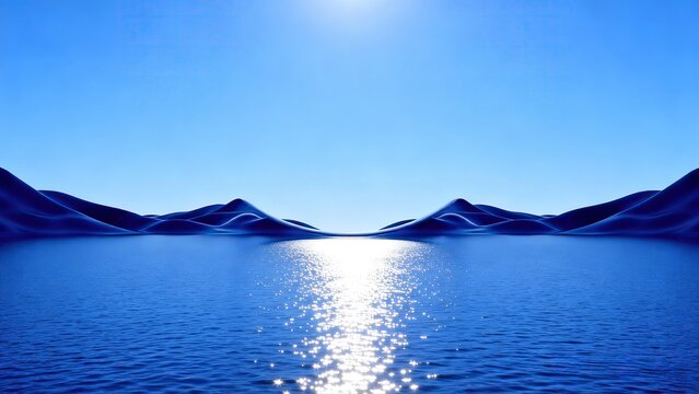 Bright sun casts sparkling silver reflection path over calm deep blue lake water, symmetric smooth wavy dark blue mountain ranges stand on both sides under vivid clear cloudless light blue sky