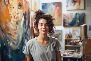 Fototapeta premium Young woman smiling, standing in her art studio surrounded by paintings