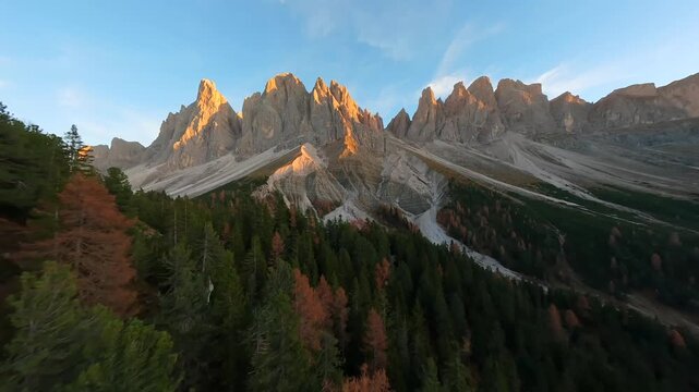 Seceda Mountain shot on FPV drone. Dolomites, Italy