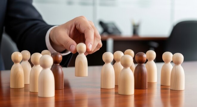 Businessman hand picking unique wooden person figure from diverse group on office table, symbolizing best candidate selection, headhunting, HR recruitment and workforce management
