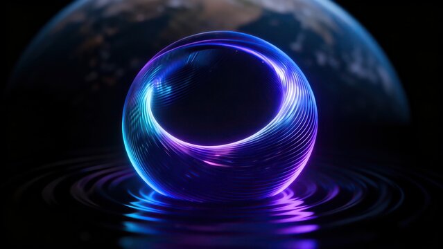 Glowing gradient blue purple neon mobius ring sits on dark rippled liquid surface, out of focus planet earth silhouette lies in dark background futuristic global technology innovation abstract concept