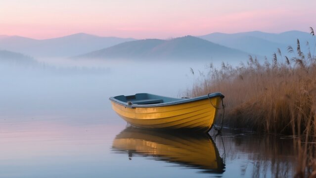 Soft pastel pink dawn sky hangs over thick white fog covered calm lake, bright yellow wooden rowboat rests moored near dry brown reed bank with hazy blue mountain range in distant background