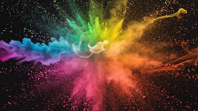 Vibrant rainbow color powder burst isolated on black background