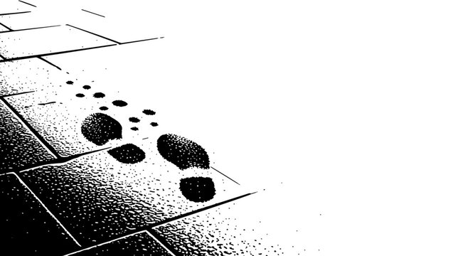 A pair of shadowy footsteps reflected in wet ground under rain, symbolic and minimal, off-center composition with negative space, black and white halftone