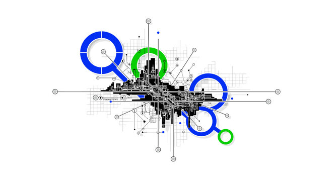 smart grid network with interconnected power lines and city nodes as main subject, black and white infrastructure elements, bold blue and green geometric