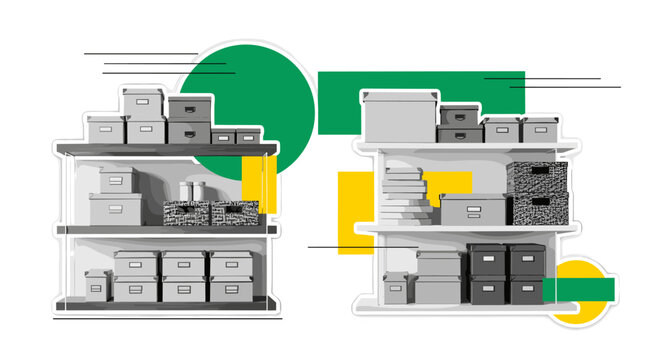 organized home shelves with neatly arranged boxes and containers as main subject, black and white realistic furniture and storage textures, bold green and