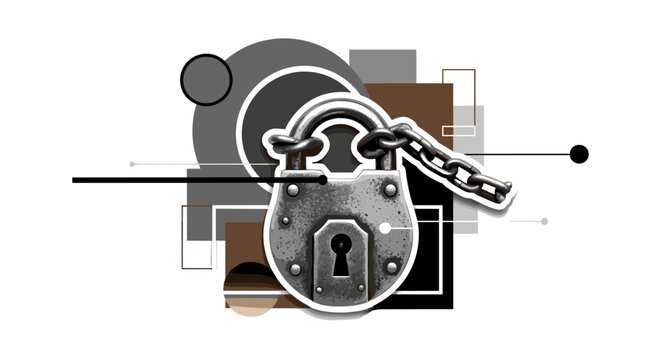 antique lock with chain as main subject, black and white realistic textures of metal and patina, bold gray and brown geometric circles and rectangles
