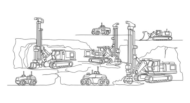 "Advanced Mining Equipment". Minimalistic one-line drawing drill rigs and autonomous vehicles operating in mine, continuous single black line on