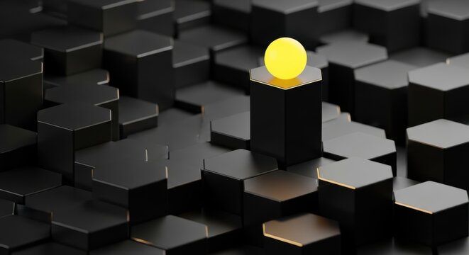 glowing yellow sphere resting on highest black hexagonal pillar concept for top leadership business success outstanding achievement unique vision standing out from the crowd and goal