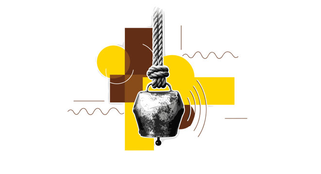 cow bell hanging with rope as main subject, black and white realistic metal texture with rustic details, bold yellow and brown geometric circles and rectangles