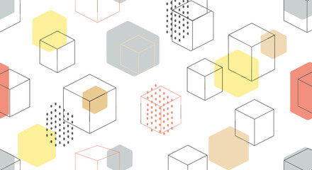 Obraz premium Minimal cube outlines with abstract spacing, seamless pattern, repeating pattern, surface design, textile print, soft color palette, modern illustration, no
