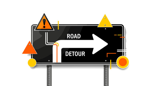 road construction detour sign as main subject, black and white realistic signboard with bold arrow, high contrast textures, bright orange and yellow geometric