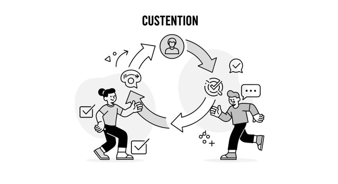 Retention strategy. A circular loop connects a customer to repeated positive experiences like support, rewards, and communication. Subtle arrows and checkmarks