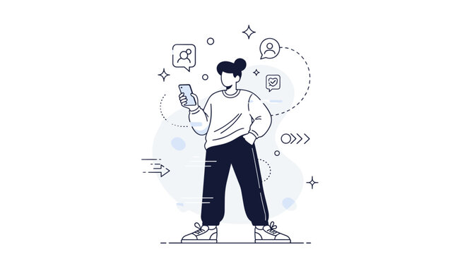 Virtual influencers. A stylized digital avatar stands confidently while holding a smartphone, with floating social media icons and sparkles around them. Subtle