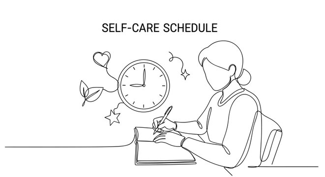 "Self-Care Schedule". Minimalistic one-line drawing person writing in planner with clock and wellness symbols nearby, continuous single black line on white